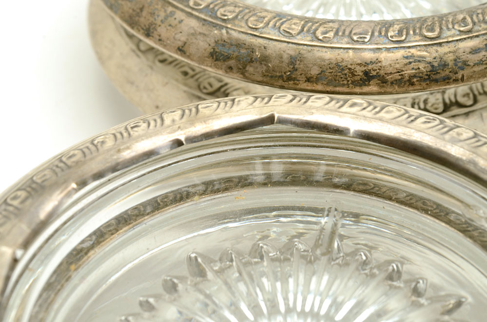 Eight Sterling and Glass Coasters