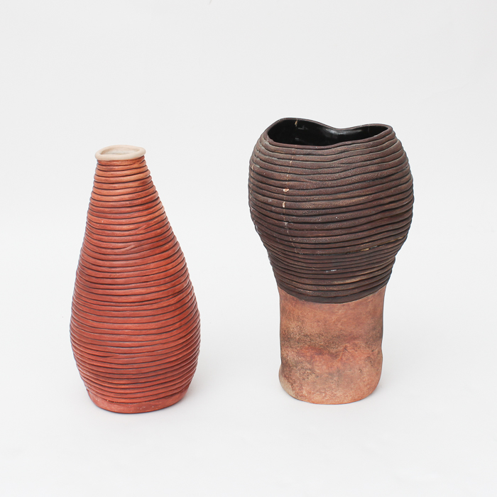 Pair of Hand Thrown Ribbed Pottery Vases
