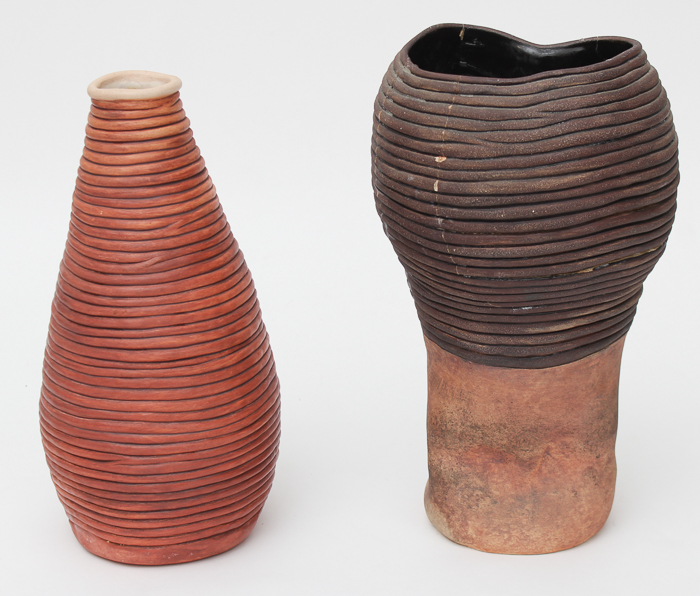 Pair of Hand Thrown Ribbed Pottery Vases