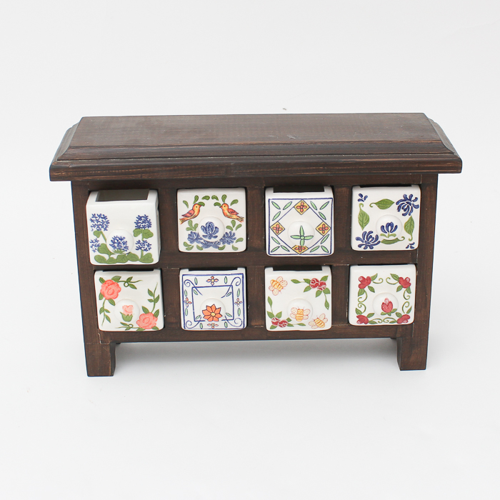 Miniature Spice Chest With Ceramic Drawers