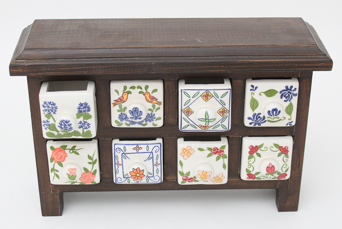 Miniature Spice Chest With Ceramic Drawers