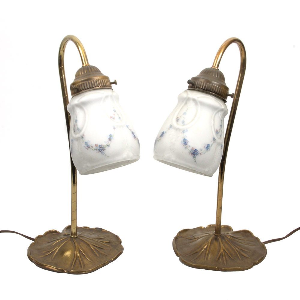 Pair of Bronze Tone Table Lamps with Hand-Painted Glass Shades