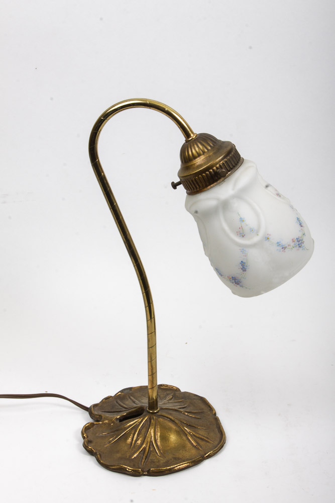 Pair of Bronze Tone Table Lamps with Hand-Painted Glass Shades