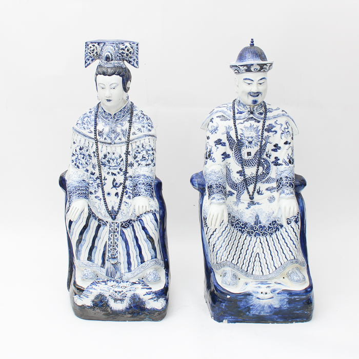 Pair of Chinese Blue and White Ceramic Statues