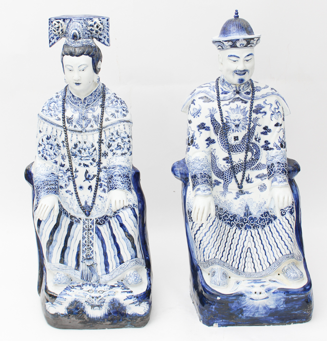 Pair of Chinese Blue and White Ceramic Statues