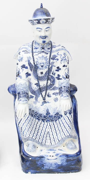 Pair of Chinese Blue and White Ceramic Statues