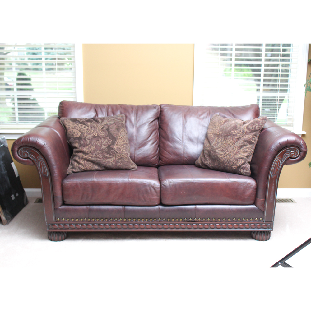 Leather Loveseat with Brass Tack Detail