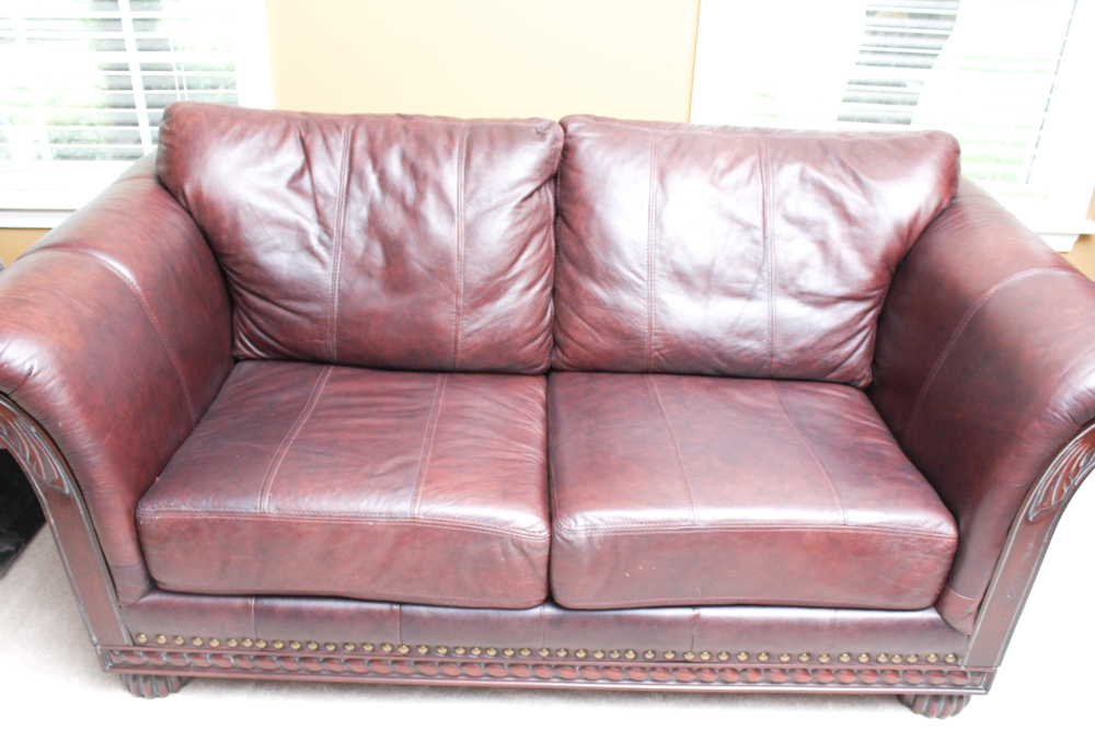 Leather Loveseat with Brass Tack Detail