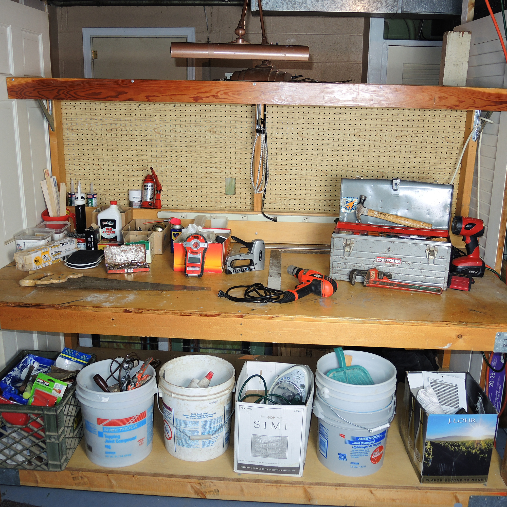 Large Work Bench, Hardware, Lamp, Hand Tools and More