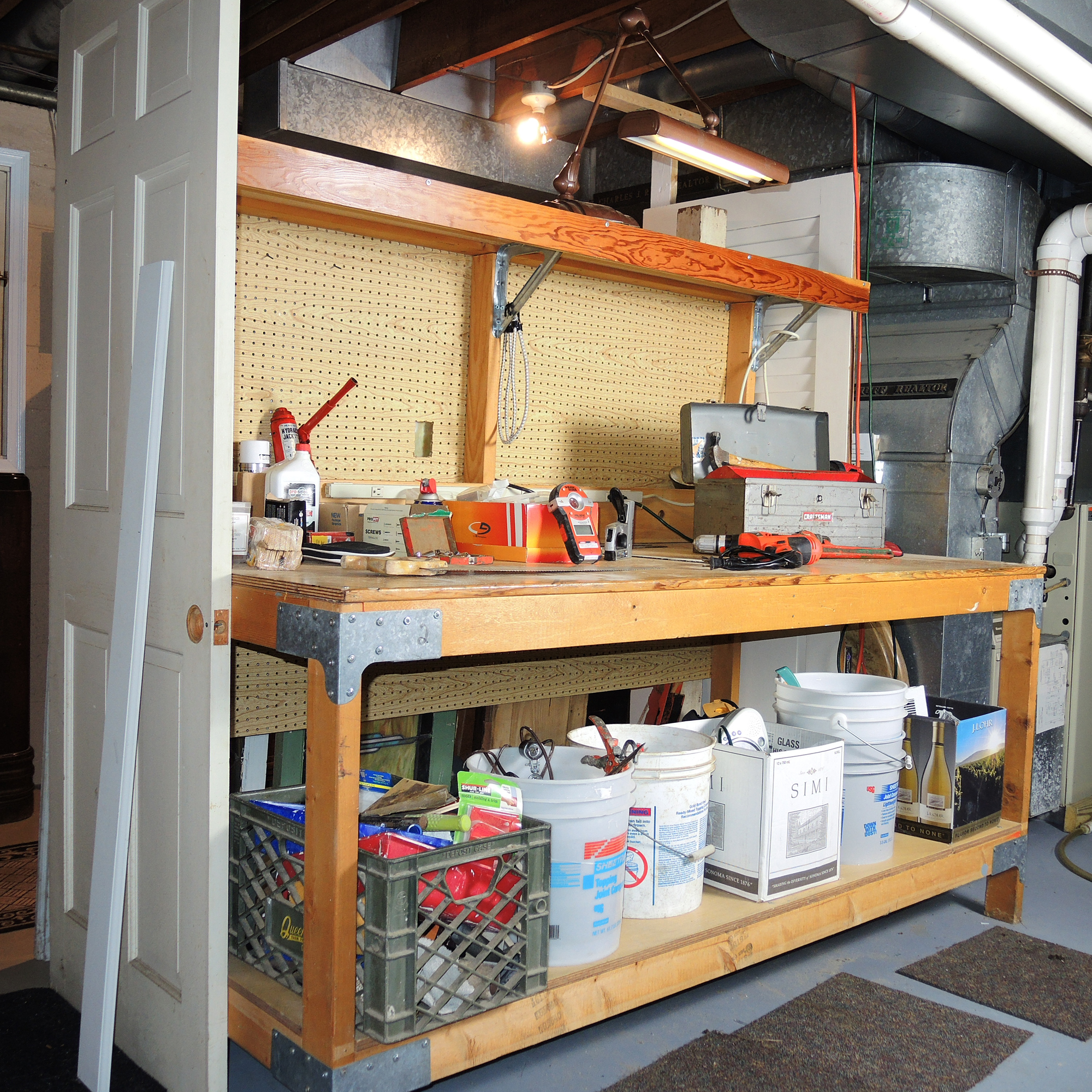 Large Work Bench, Hardware, Lamp, Hand Tools and More