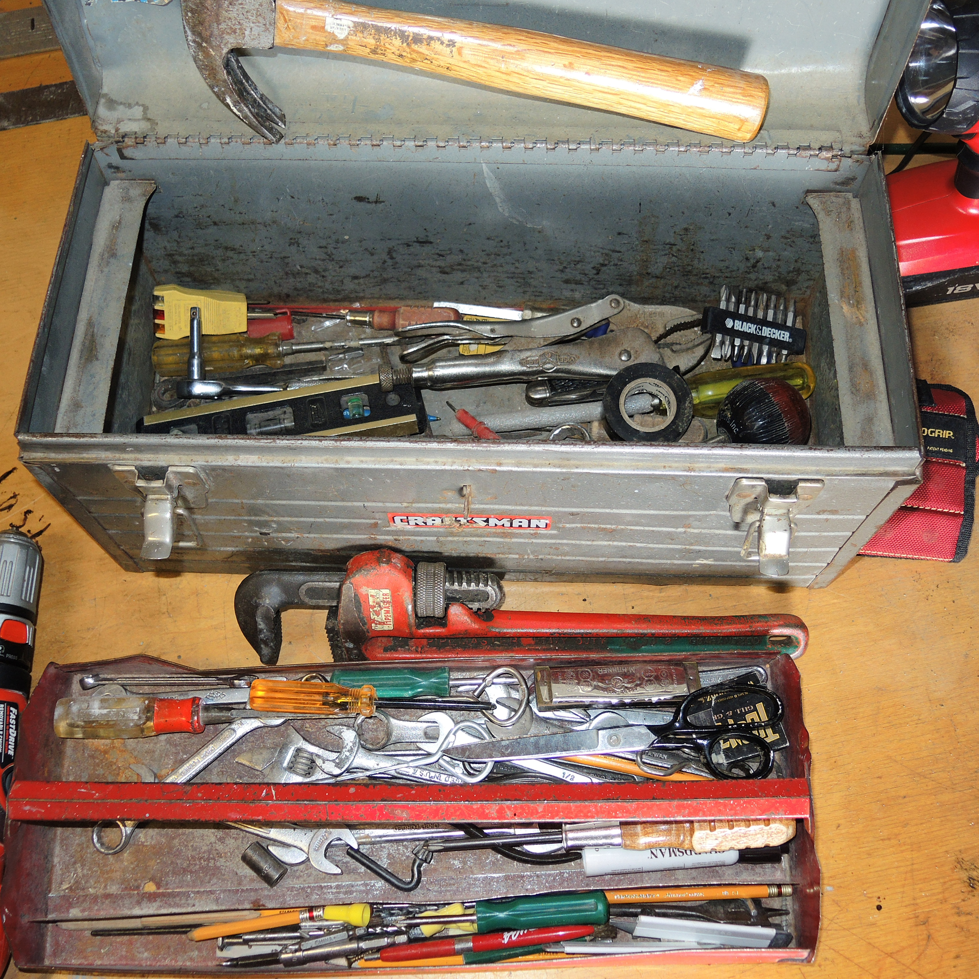 Large Work Bench, Hardware, Lamp, Hand Tools and More