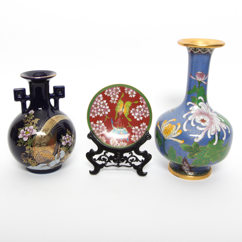 Assortment of East Asian Cloisonné and Ceramic Pieces