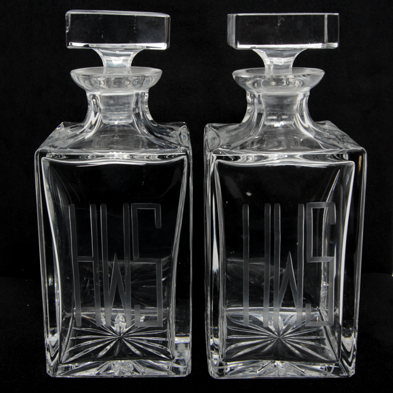 Four Vintage Monogrammed Glass Decanters