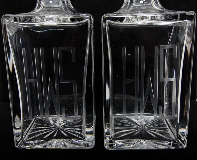 Four Vintage Monogrammed Glass Decanters