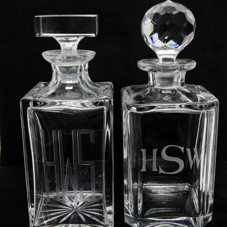 Four Vintage Monogrammed Glass Decanters