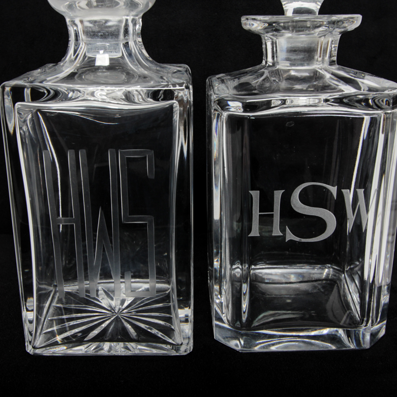 Four Vintage Monogrammed Glass Decanters