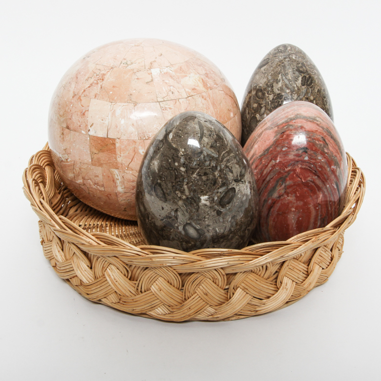 Collection of Marble Eggs in Basket