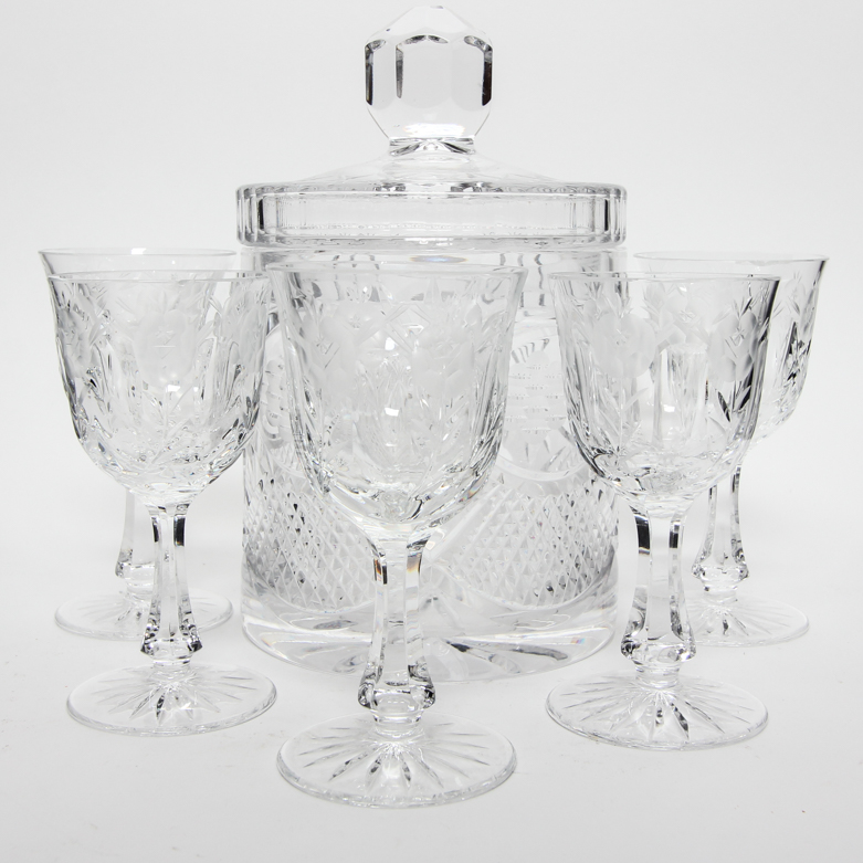 Vintage Cut Crystal Biscuit Jar with Cordial Glasses