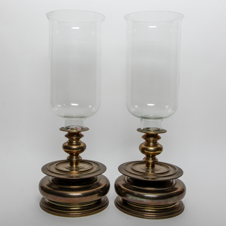 Pair of Vintage Chapman Hurricane Glass and Brass Candle Holders