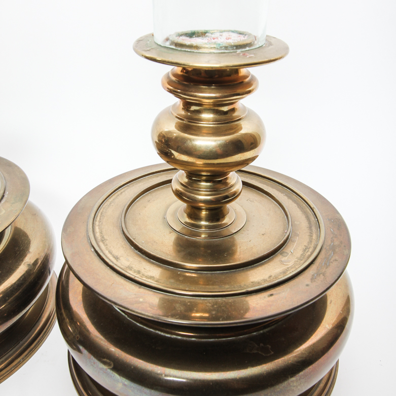 Pair of Vintage Chapman Hurricane Glass and Brass Candle Holders