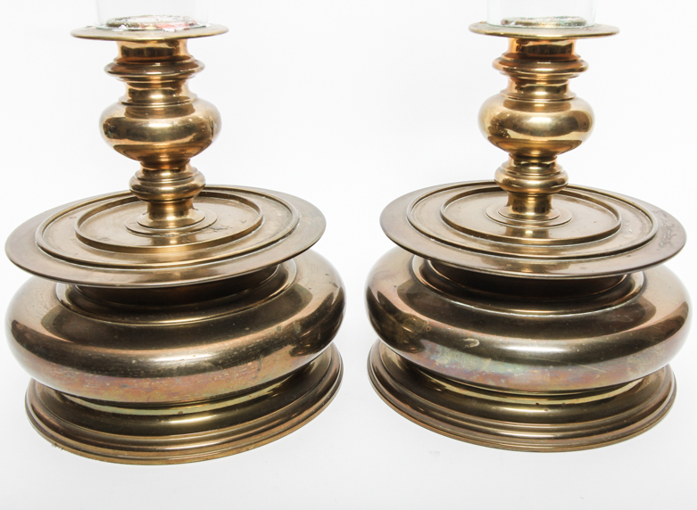 Pair of Vintage Chapman Hurricane Glass and Brass Candle Holders