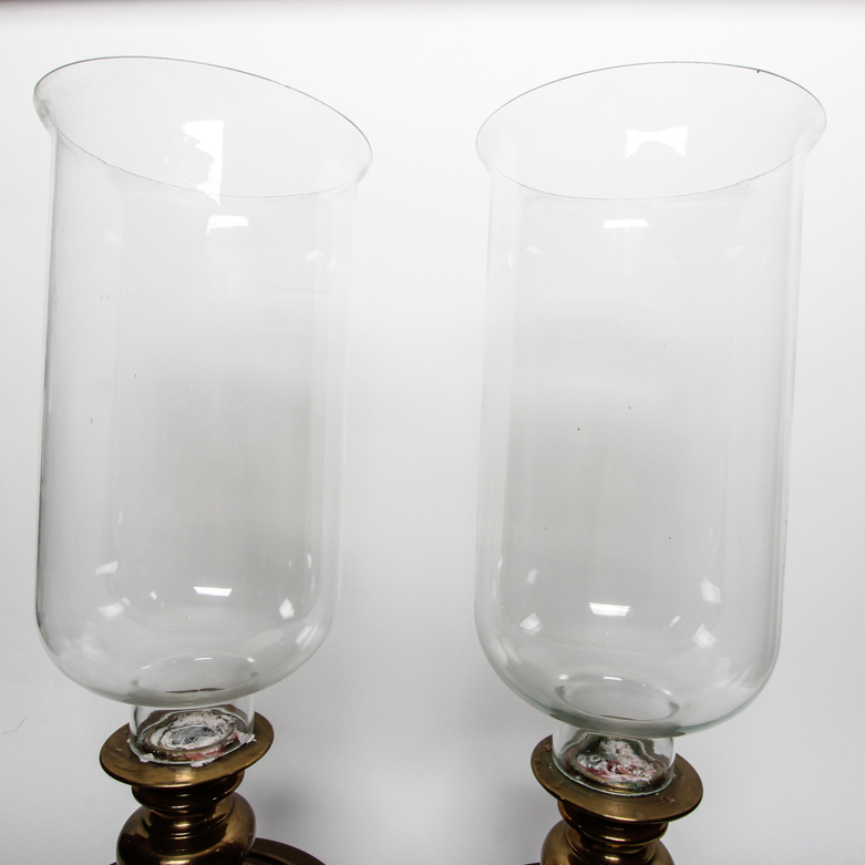 Pair of Vintage Chapman Hurricane Glass and Brass Candle Holders