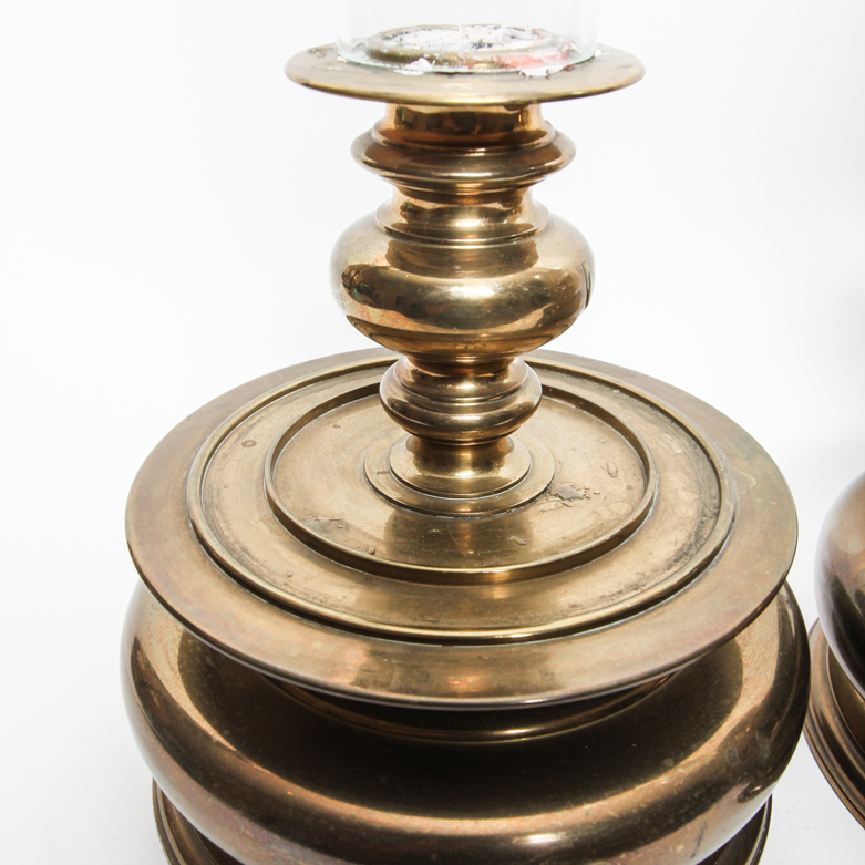 Pair of Vintage Chapman Hurricane Glass and Brass Candle Holders