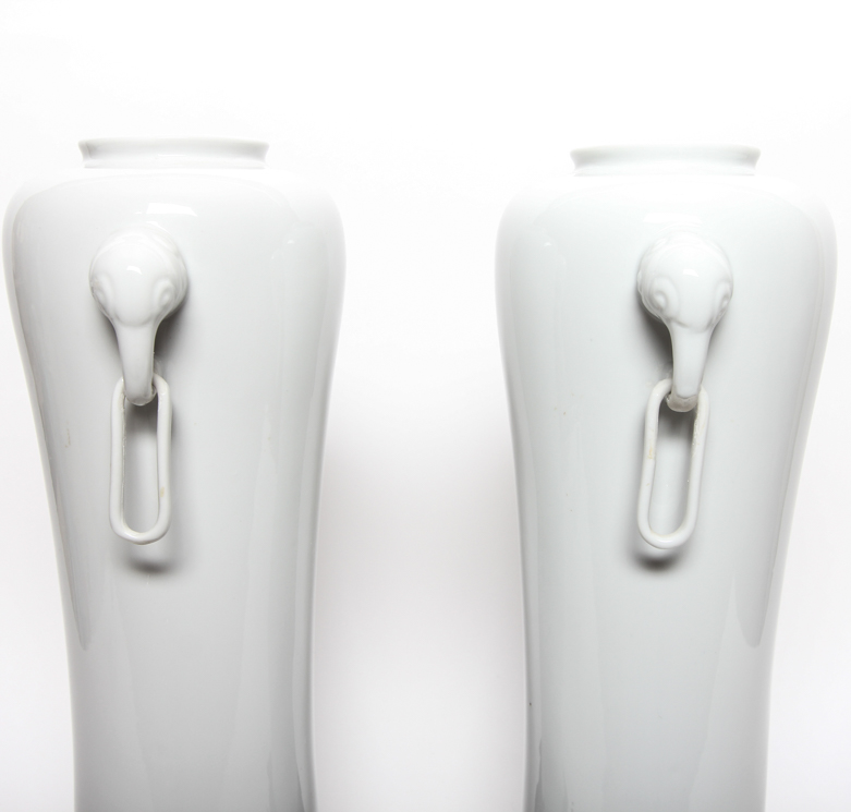 Pair of Vintage Maitland-Smith White Ceramic Vases with Elephant Head Ring Handles