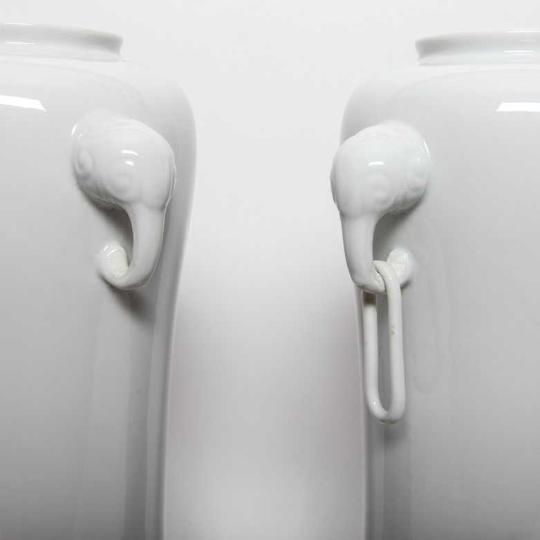 Pair of Vintage Maitland-Smith White Ceramic Vases with Elephant Head Ring Handles