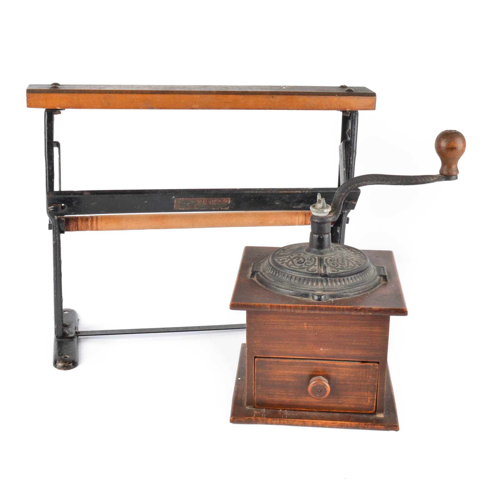 Vintage Wood Coffee Mill and Antique Bulman Counter Top Dispenser