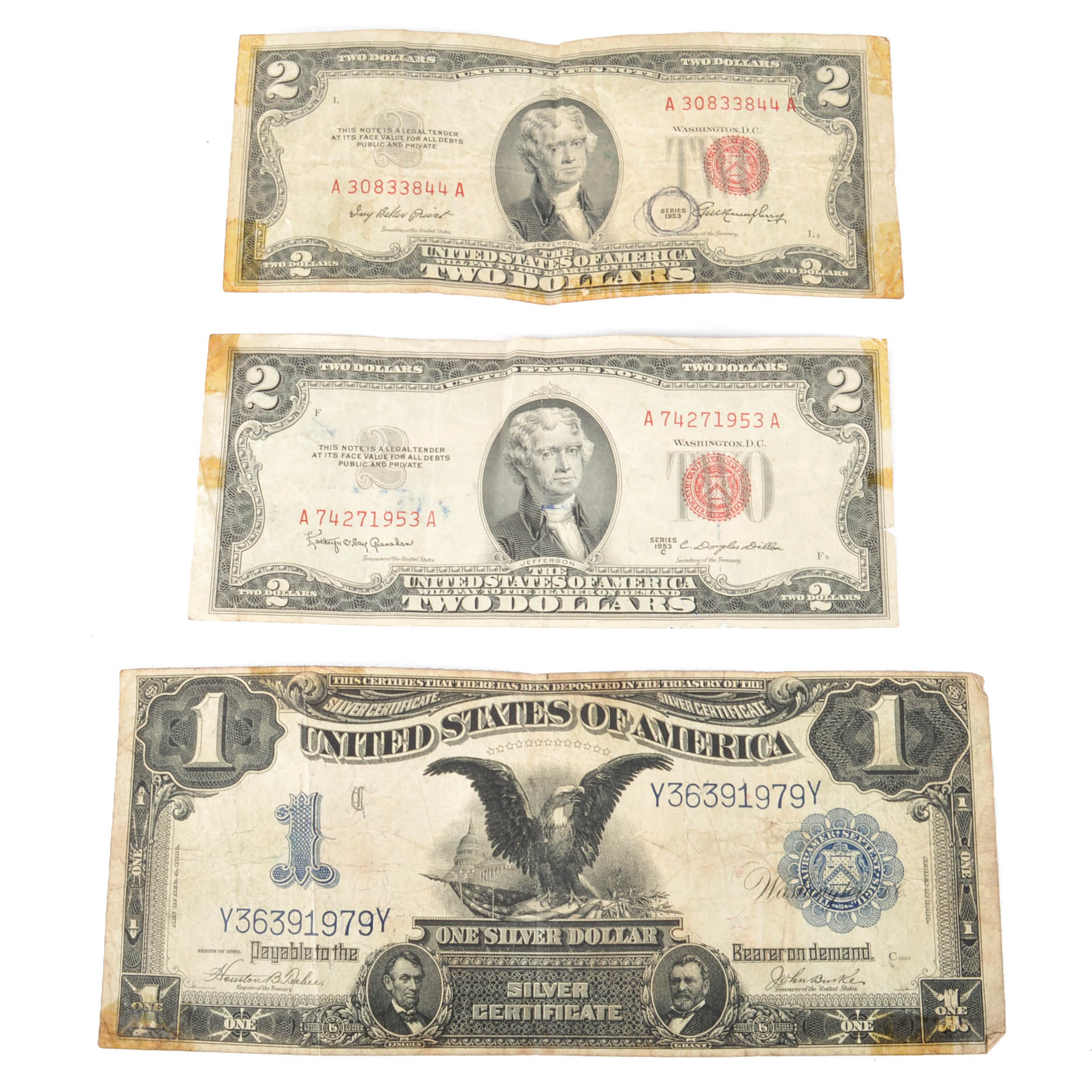 Series of 1899 Large Size One Dollar Silver Certificate and Two 1953 Two Dollar Red Seal Bills
