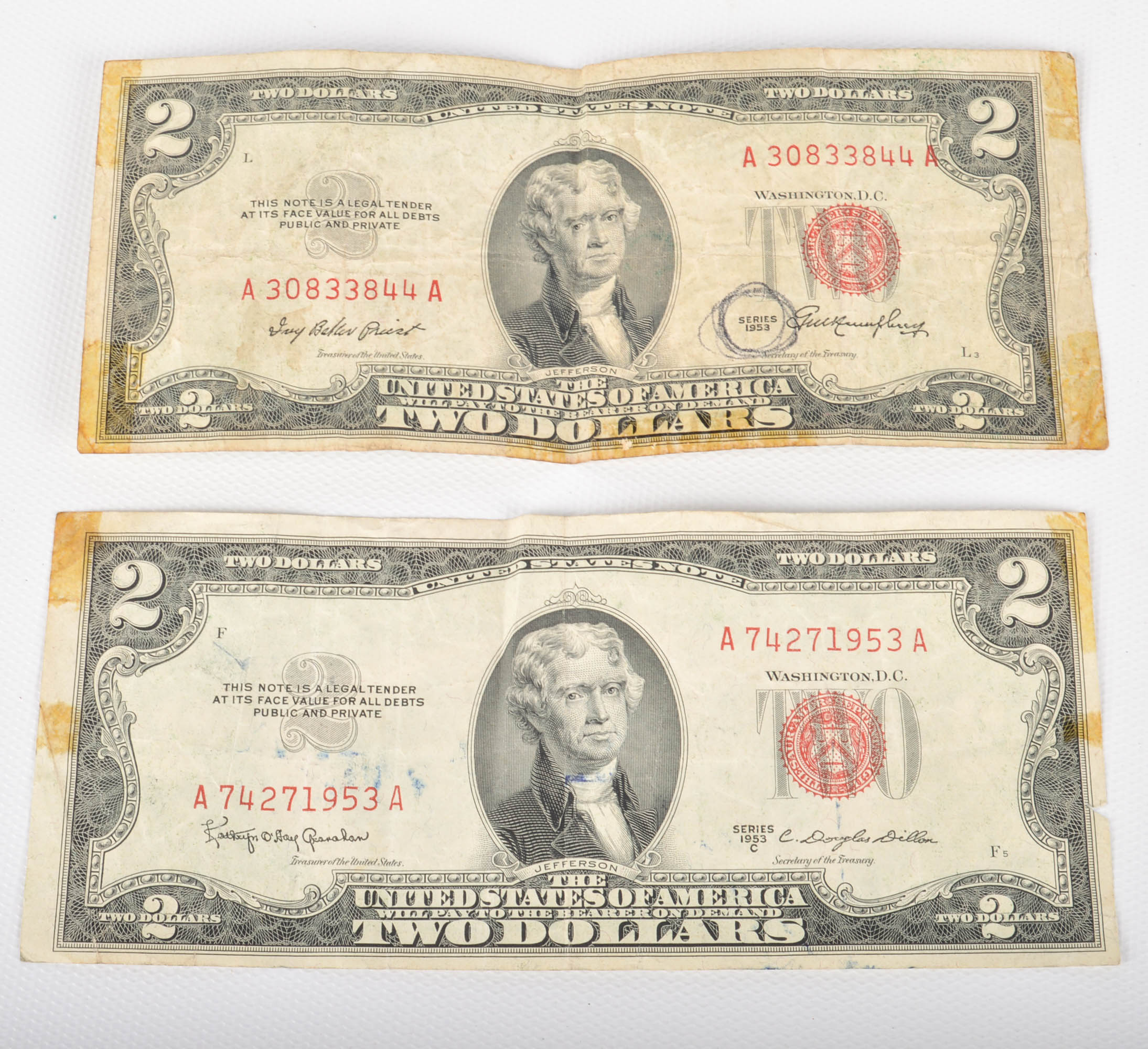 Series of 1899 Large Size One Dollar Silver Certificate and Two 1953 Two Dollar Red Seal Bills