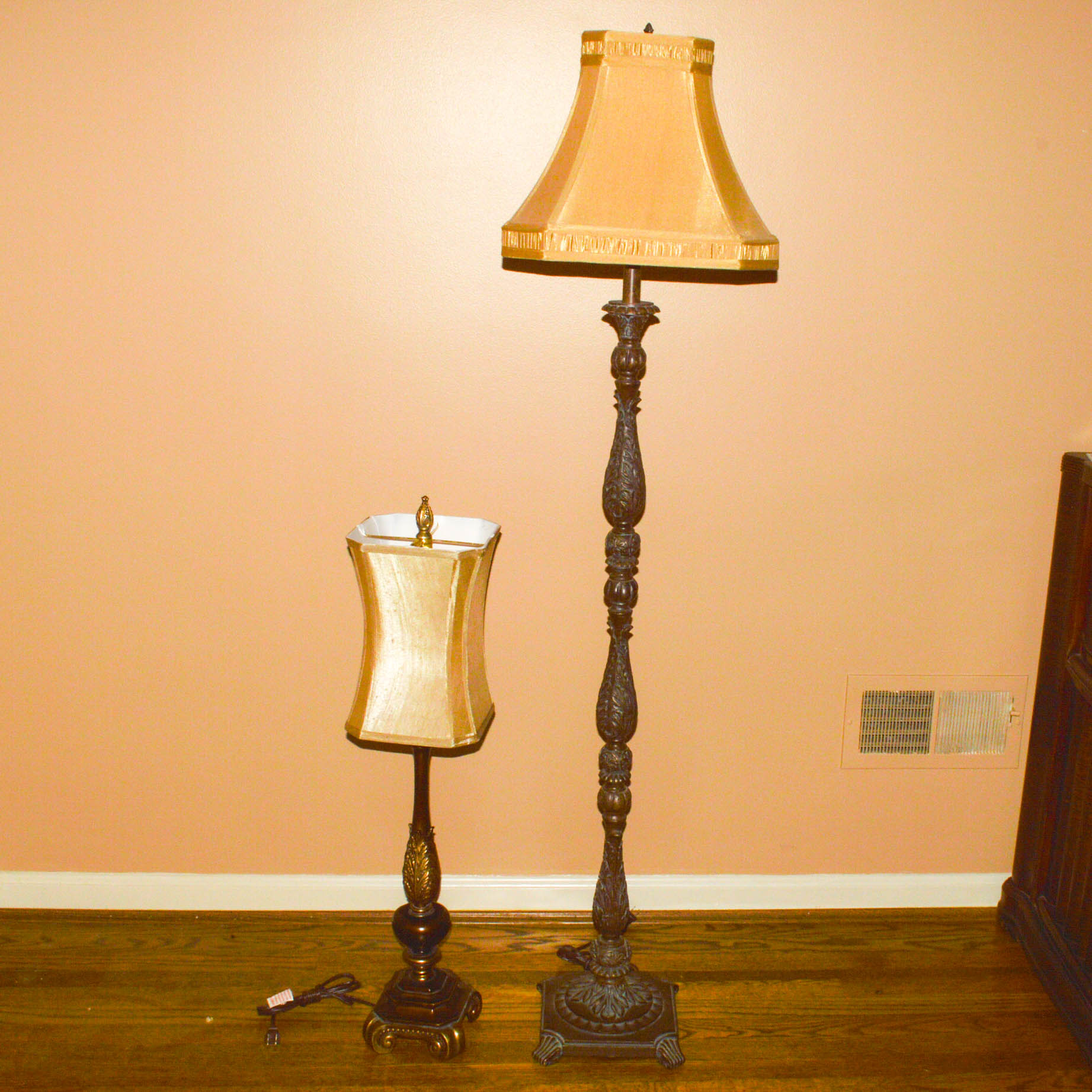 Two Ornate Lamps With Neutral Shimmery Shades