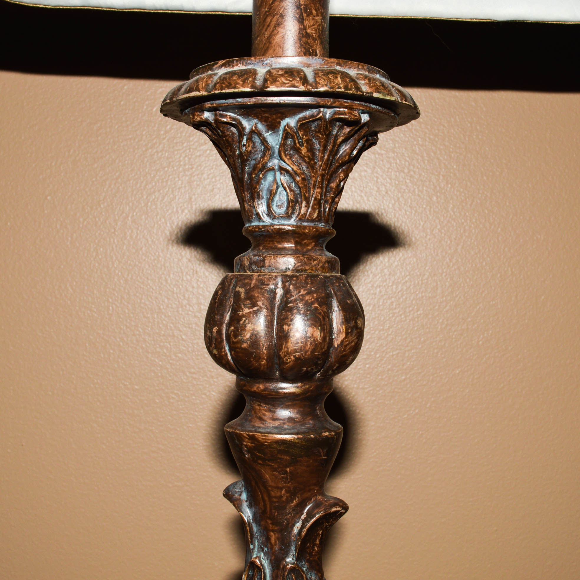 Two Ornate Lamps With Neutral Shimmery Shades