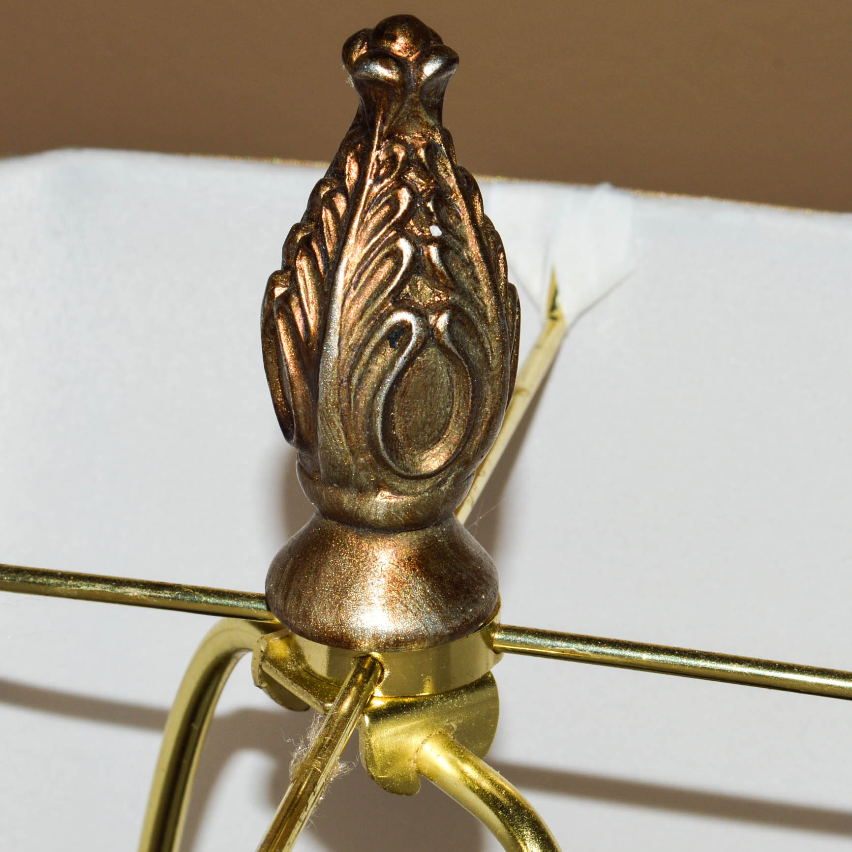 Two Ornate Lamps With Neutral Shimmery Shades