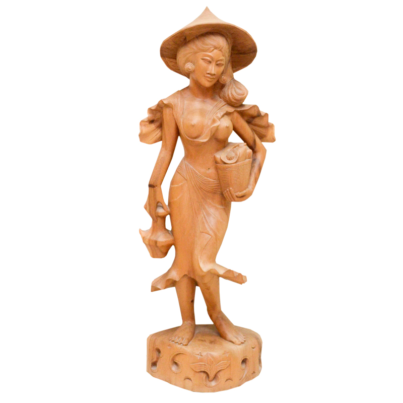 East Asian-Inspired Carved Wooden Female Figure