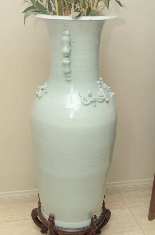 Chinese Celedon-Style Floor Vase on Stand