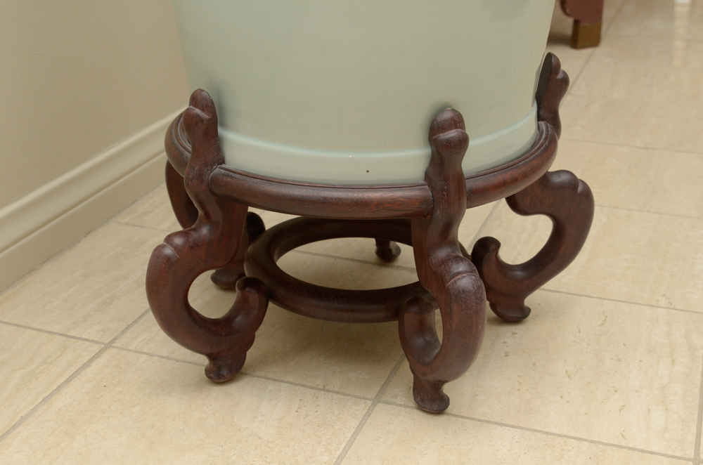 Chinese Celedon-Style Floor Vase on Stand