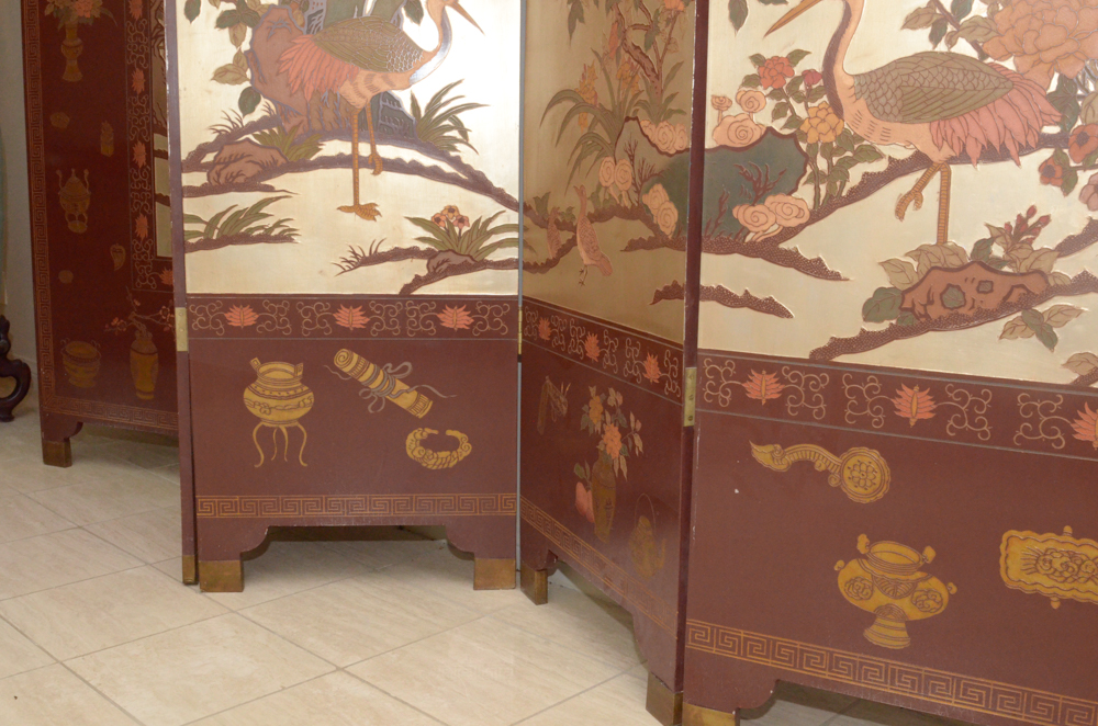 Chinese Painted Wood Folding Screen