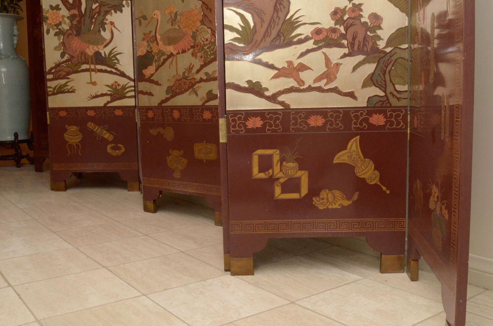 Chinese Painted Wood Folding Screen