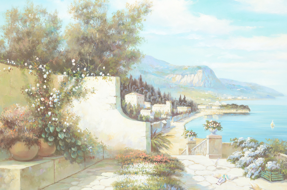 Jan Chronert Oil Painting on Canvas of an Idyllic Mediterranean Coast