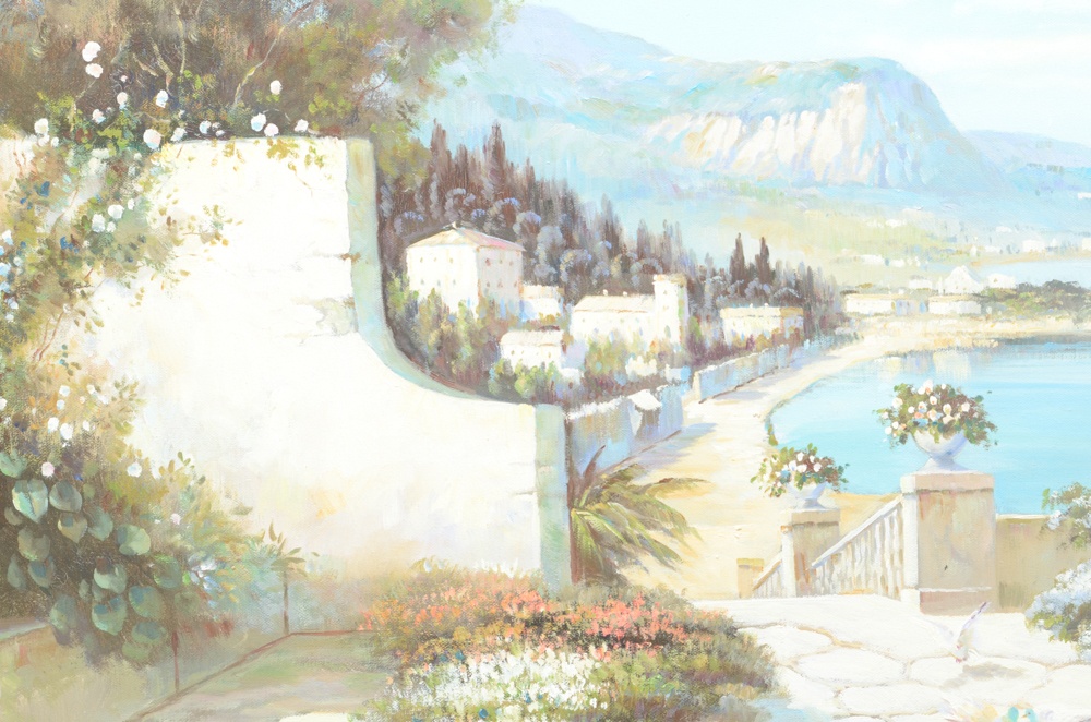 Jan Chronert Oil Painting on Canvas of an Idyllic Mediterranean Coast