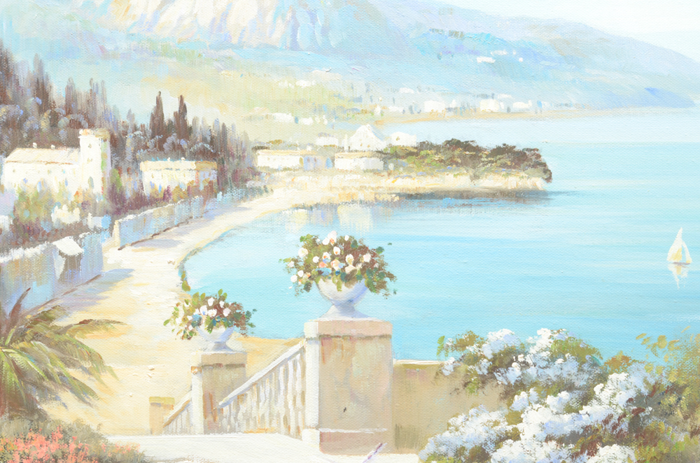 Jan Chronert Oil Painting on Canvas of an Idyllic Mediterranean Coast