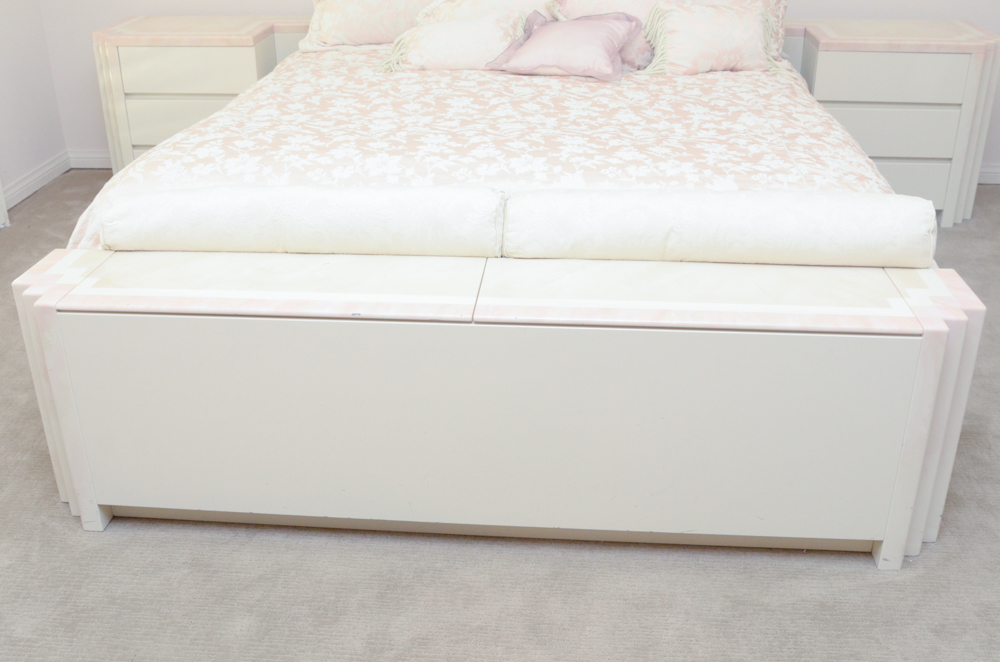 A. Parnian Signed Vintage Bed Frame, Foot Chest and Matching Bedside Tables