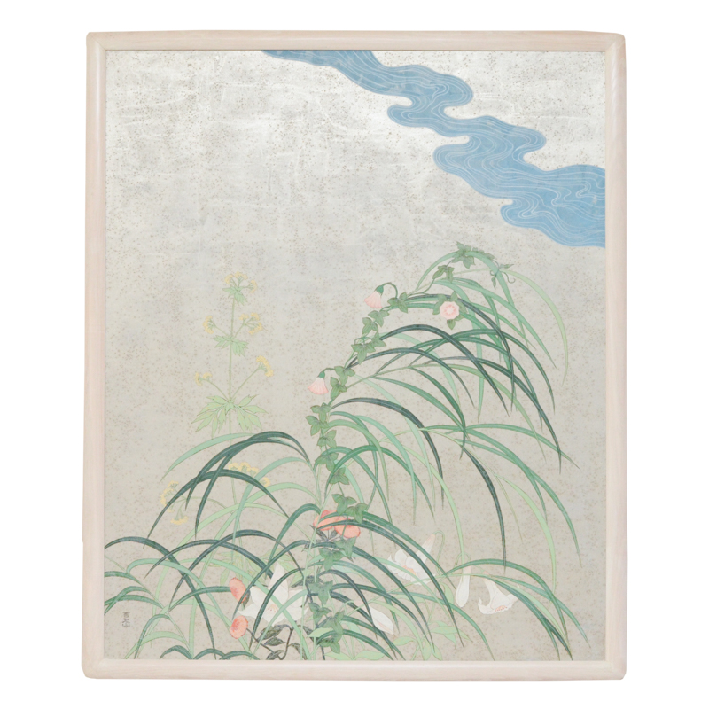 Chinese Style Painting on Board of River and Plants