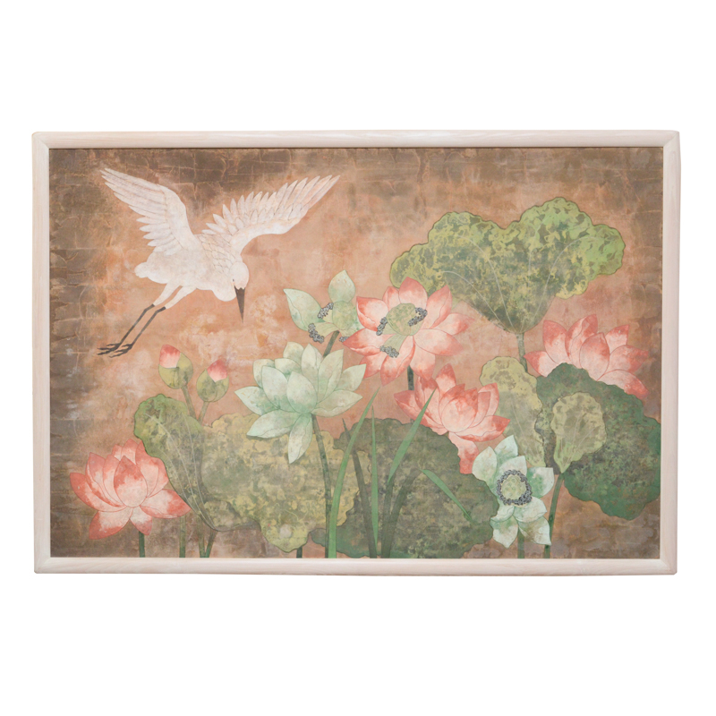 Chinese Style Painting on Board of Crane and Lotus Flowers