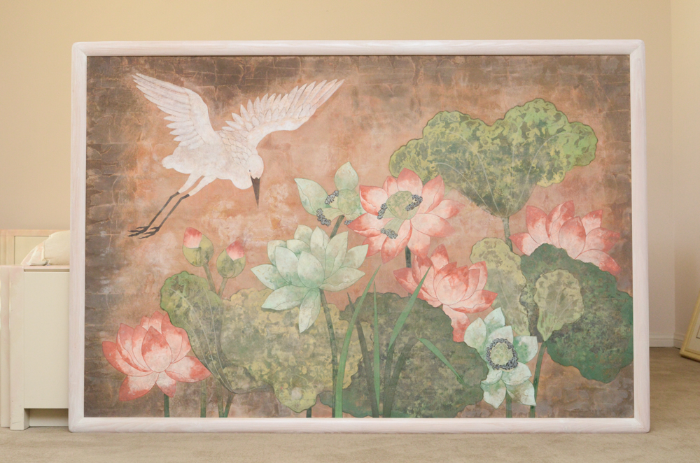 Chinese Style Painting on Board of Crane and Lotus Flowers