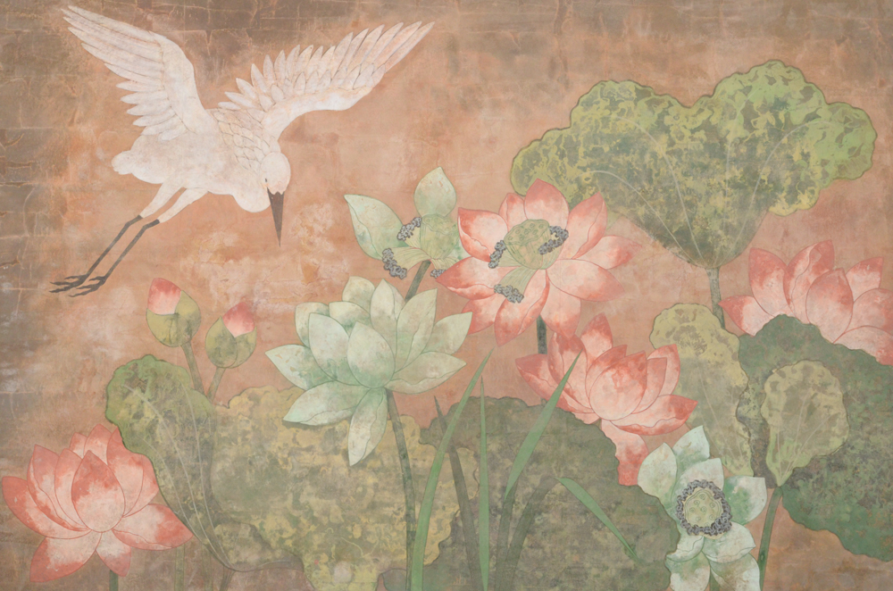 Chinese Style Painting on Board of Crane and Lotus Flowers