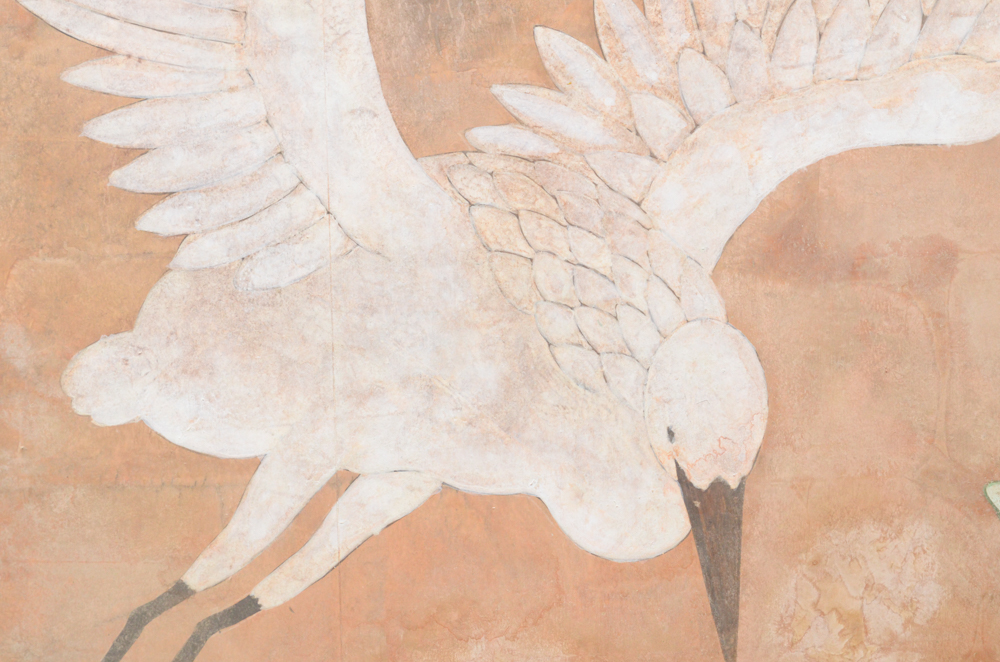 Chinese Style Painting on Board of Crane and Lotus Flowers