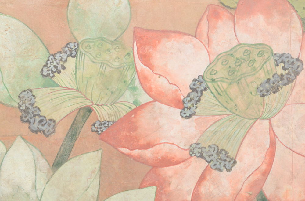 Chinese Style Painting on Board of Crane and Lotus Flowers